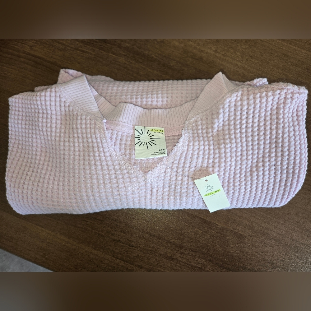 Offline By Aerie Wow! Waffle Notch Neck Long Sleeve Tee - L - Bright Violet- NWT